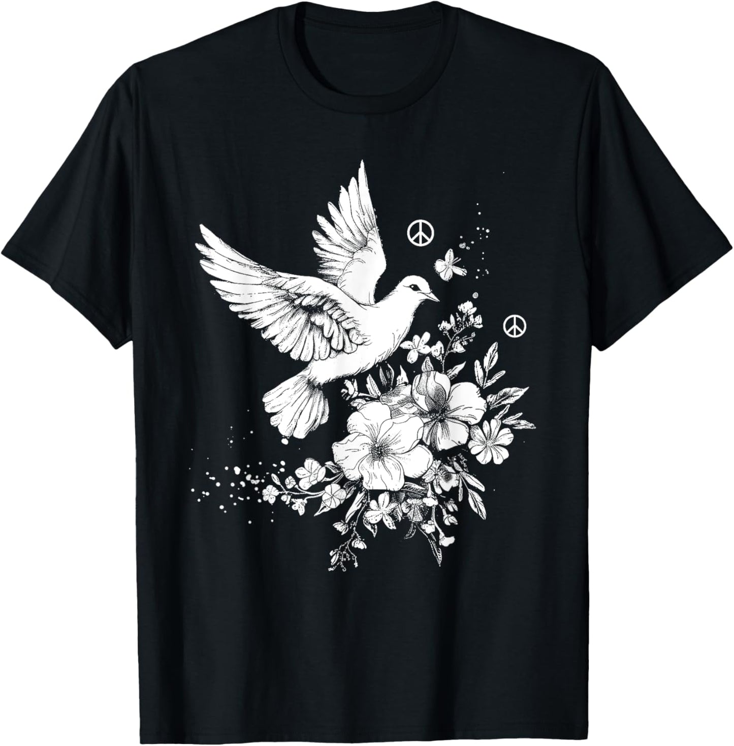 Dove White Pigeon Bird Vintage Peace Sign Flowers T-Shirt - T-Shirt | Black