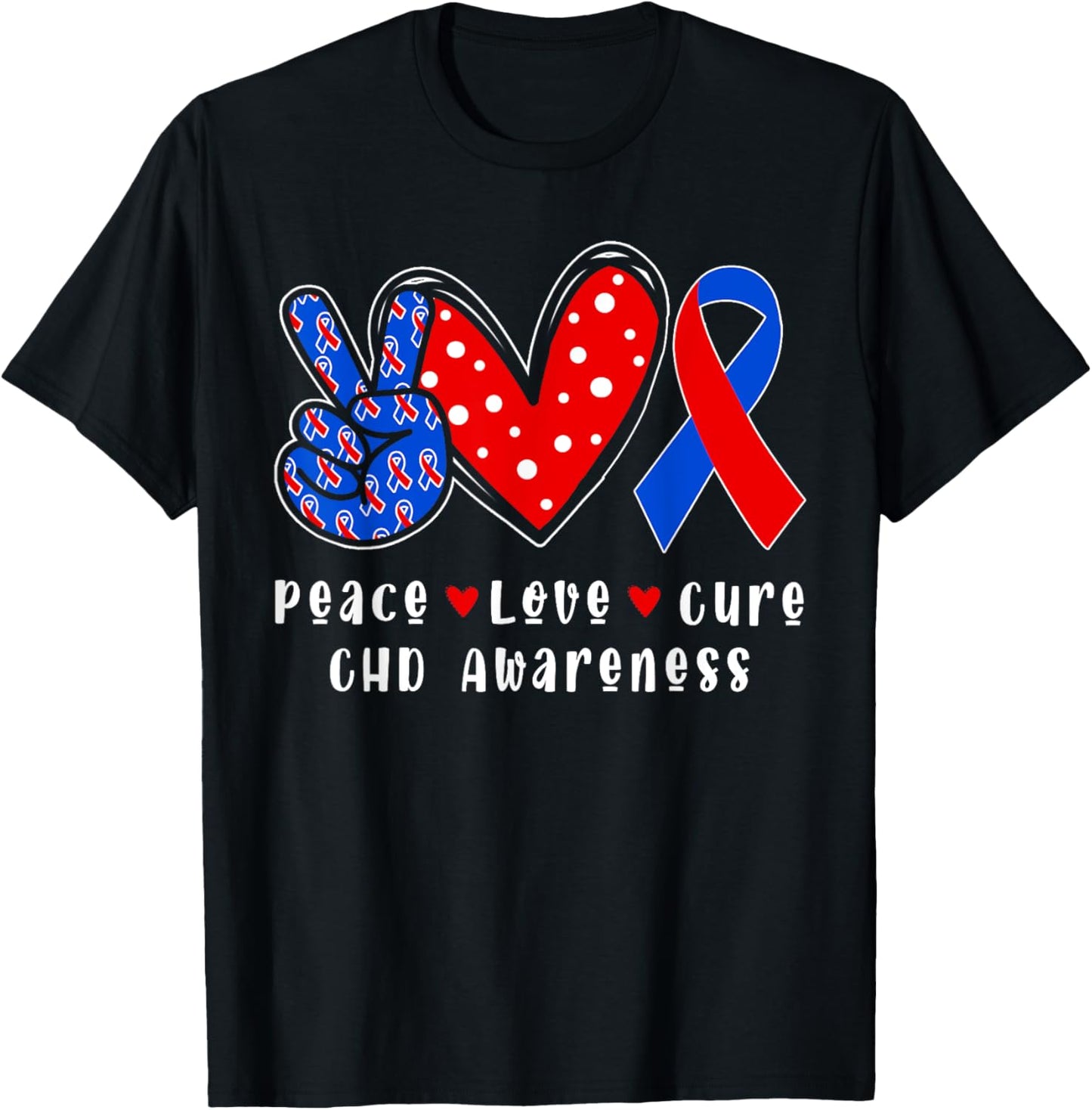 Peace Love Cure CHD Congenital Heart Defect Awareness Ribbon T-Shirt - T-Shirt | Black