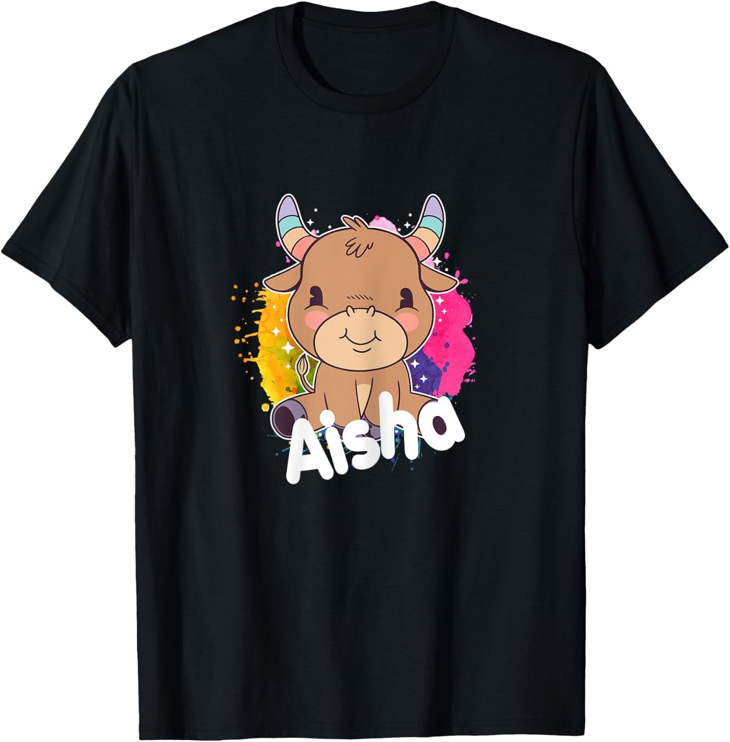 AISHA - Beautiful girl name with adorable little Cow T-Shirt - T-Shirt | Black