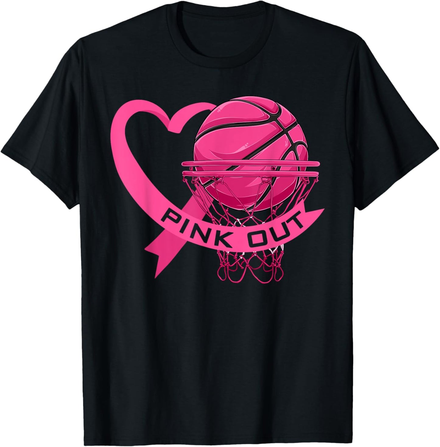 Pink Out Breast Cancer Pink Ribbon Heart & Basketball Ball T-Shirt - T-Shirt | Black