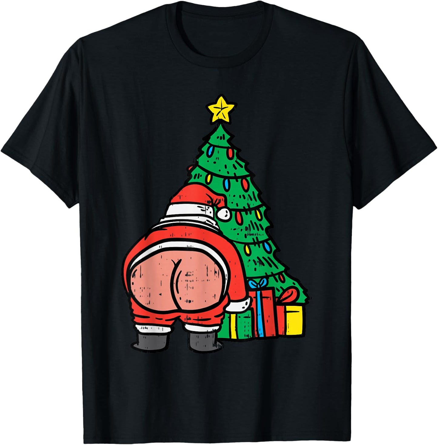 Santa Butt Christmas Tree Presents Funny Xmas Holiday PJ T-Shirt - T-Shirt | Black