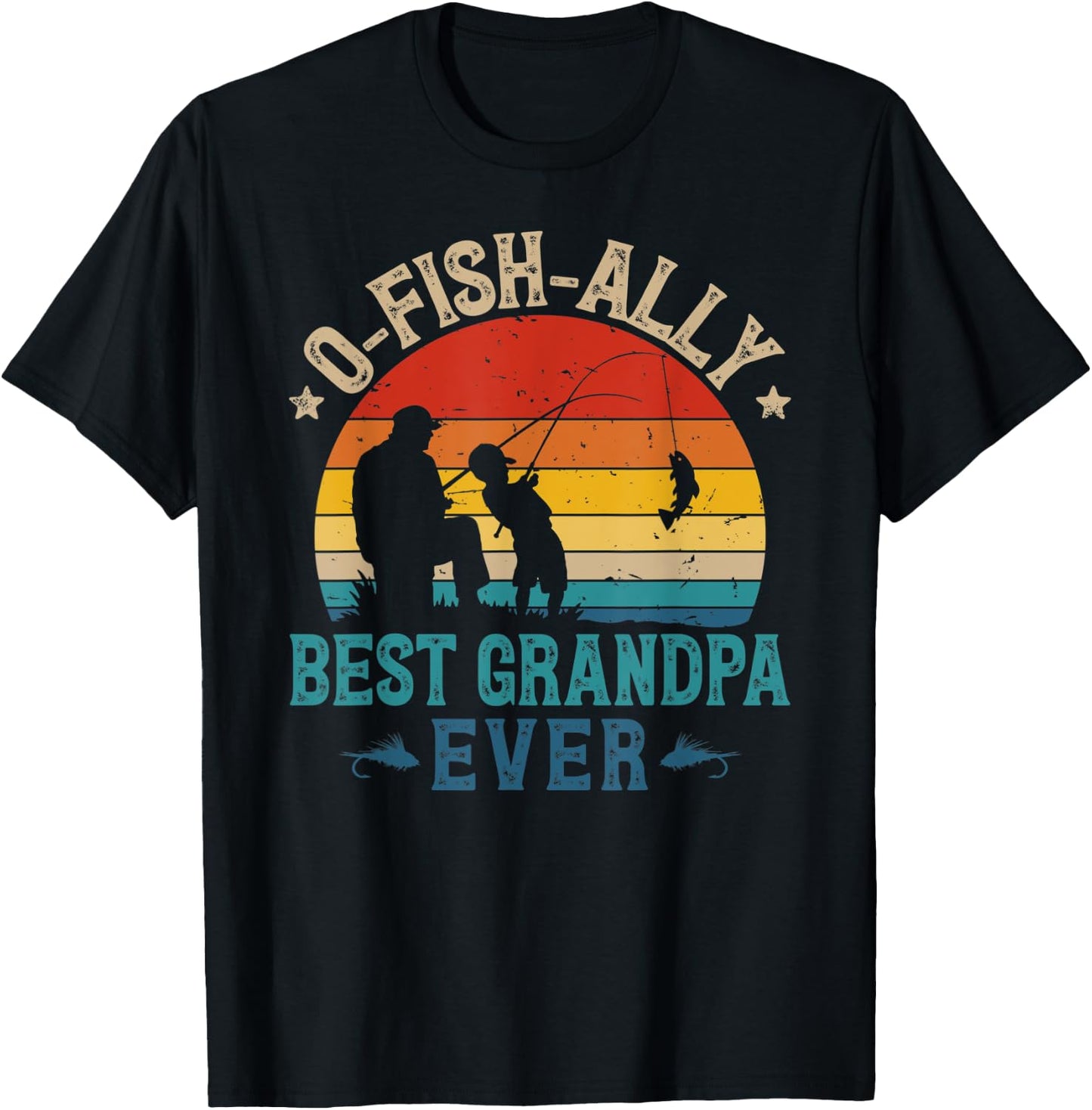 Vintage Fishing Best Grandpa Ever Ofishally Sunset Fisherman T-Shirt - T-Shirt | Black