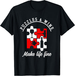 Puzzles And Wine Make Life Line | Puzzle Lovers T-Shirt - T-Shirt | Black