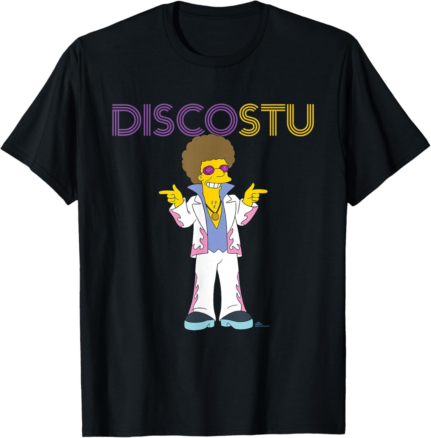 The Simpsons Disco Stu - -Adults & Kids - Black - Small - Short Sleeve - Crew Collar - Neon Name in Lights Design T-Shirt - T-Shirt | Black