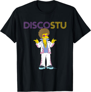 The Simpsons Disco Stu - -Adults & Kids - Black - Small - Short Sleeve - Crew Collar - Neon Name in Lights Design T-Shirt - T-Shirt | Black