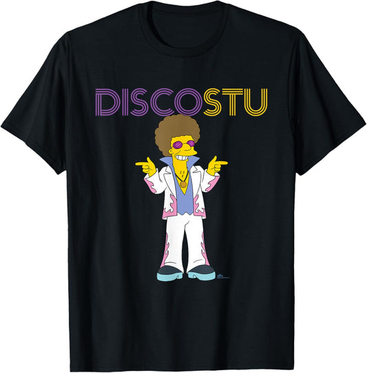 The Simpsons Disco Stu - -Adults & Kids - Black - Small - Short Sleeve - Crew Collar - Neon Name in Lights Design T-Shirt - T-Shirt | Black