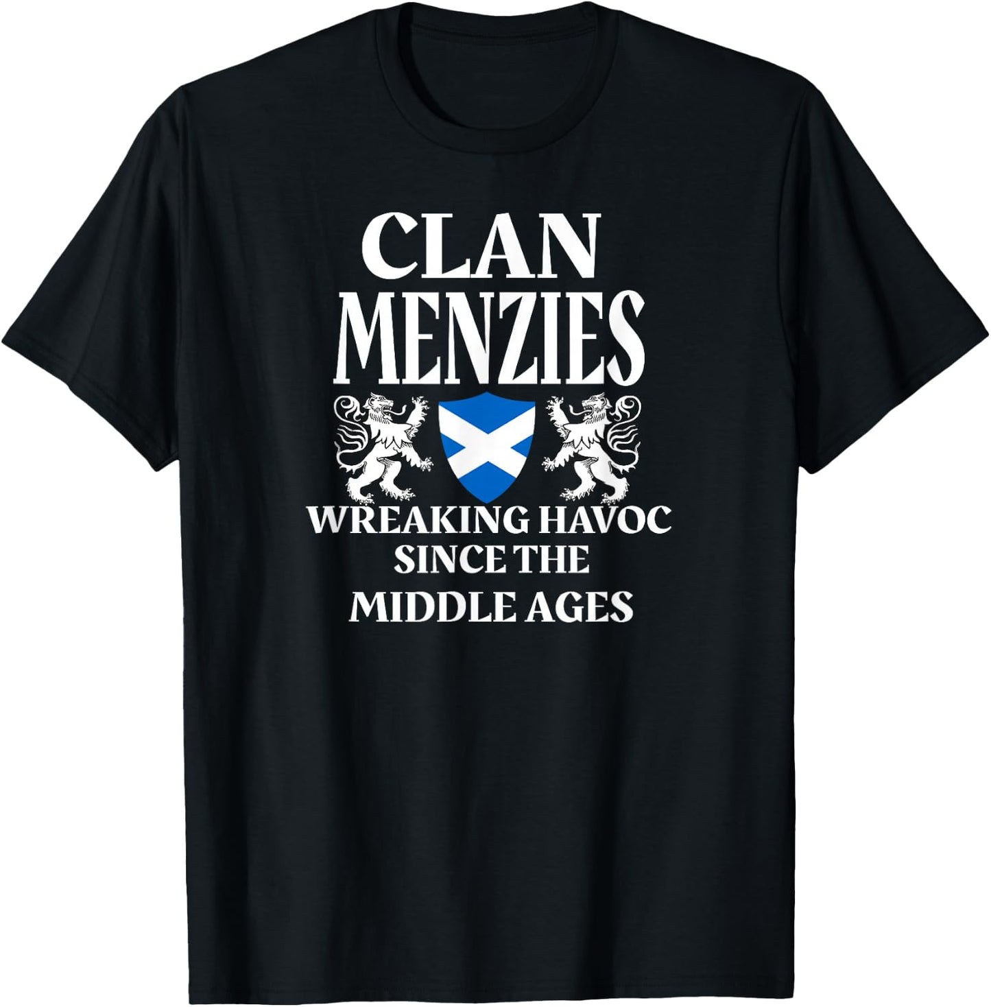 Menzies Scottish Clan Lion Family Name Tartan Kilt T-Shirt - T-Shirt | Black