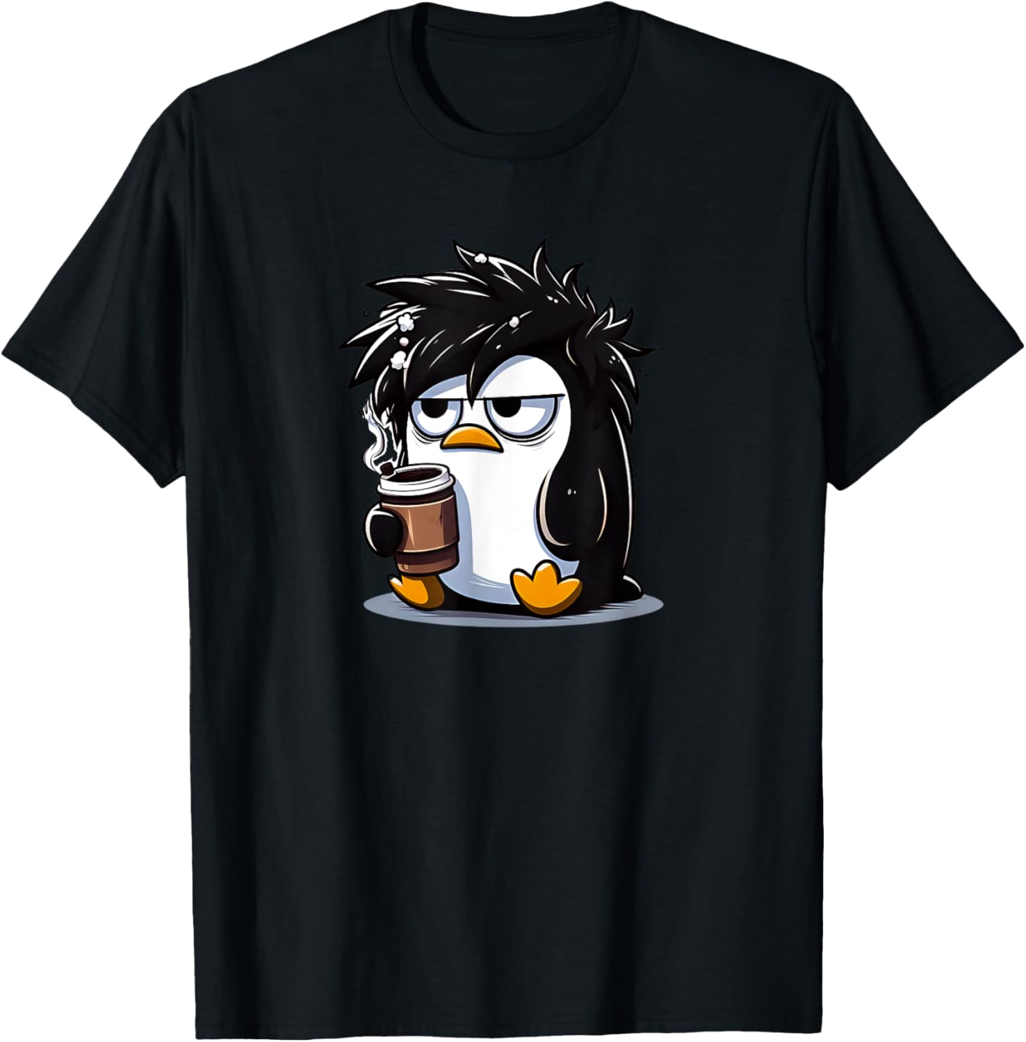 Funny Linux Tux Penguin Coffee Cartoon Grumpy Stressed T-Shirt - T-Shirt | Black