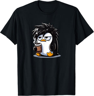 Funny Linux Tux Penguin Coffee Cartoon Grumpy Stressed T-Shirt - T-Shirt | Black