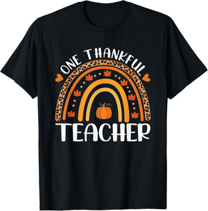 One Thankful Teacher Thanksgiving Rainbow Leopard Fall T-Shirt - T-Shirt | Black