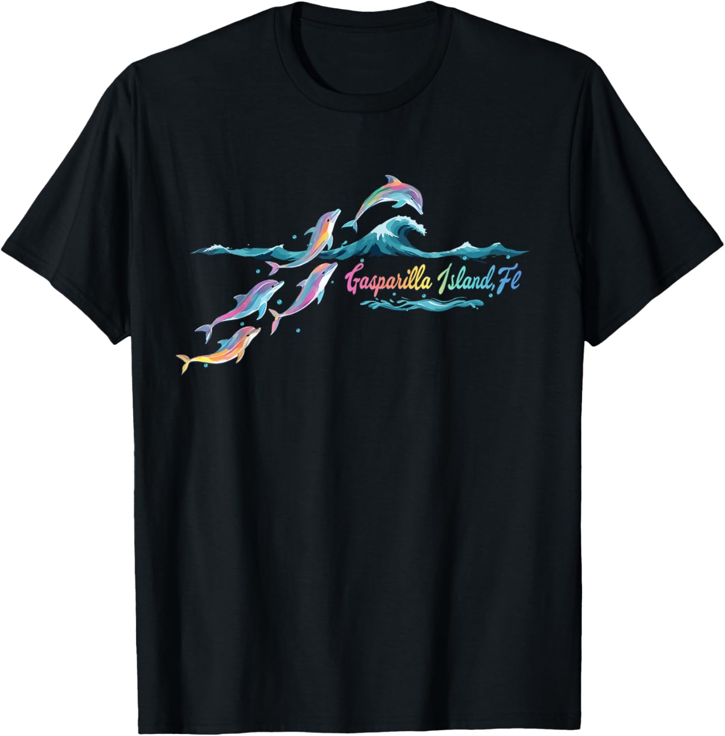 Gasparilla Island Florida Colorful Dolphin Lover Beach T-Shirt - T-Shirt | Black