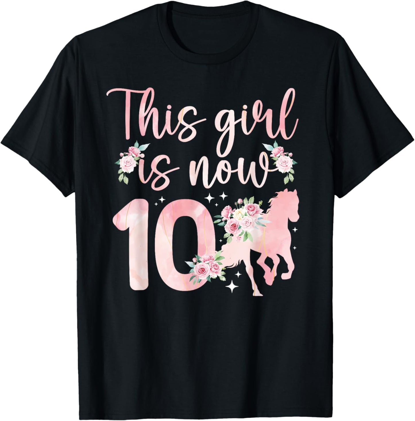 10th Horse Birthday 10 Year Old Girl Horses Birthday T-Shirt - T-Shirt | Black