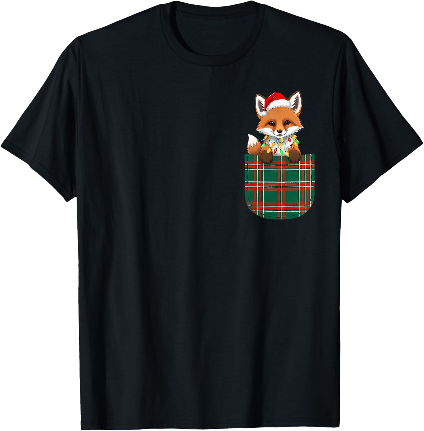 Fox Buffalo Plaid Green Red White Pocket Christmas Men Women T-Shirt - T-Shirt | Black