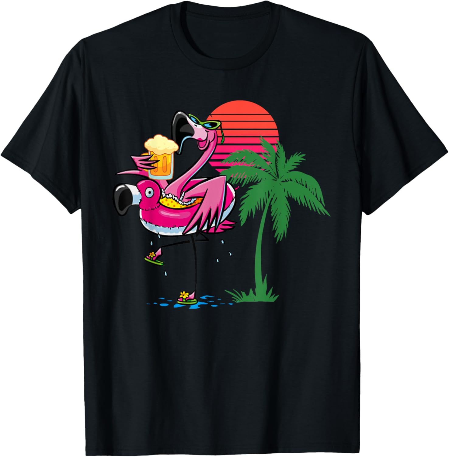 Flamingo Drinking Beer Summer Beach Party T-Shirt - T-Shirt | Black
