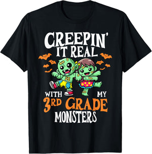 Creepin It Real Monster School 3rd Grade Teacher Halloween T-Shirt - T-Shirt | Black