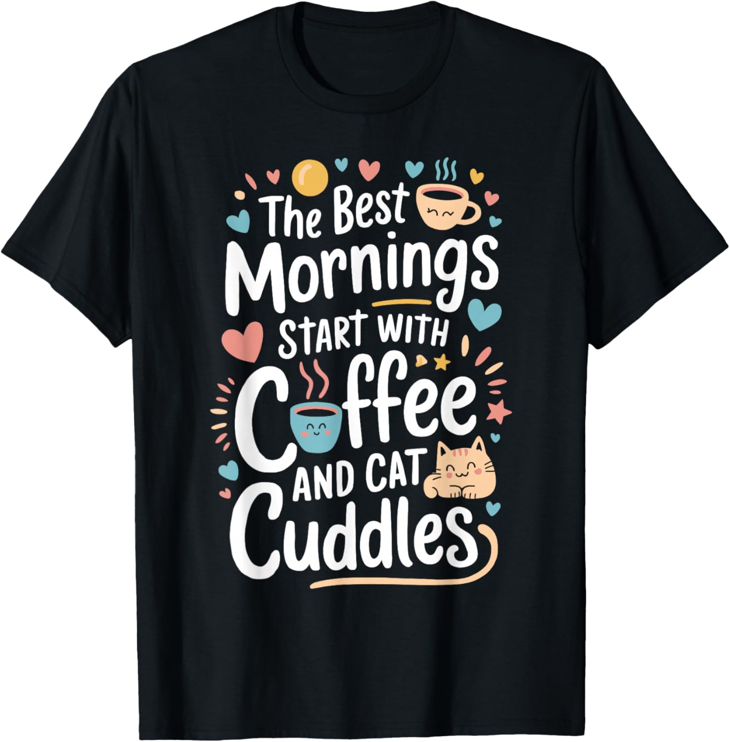 Cute Coffee & Cat Cuddles Funny Cat Coffee Mug Cat Lover T-Shirt - T-Shirt | Black