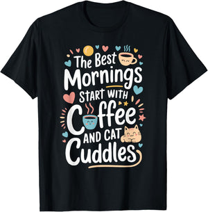 Cute Coffee & Cat Cuddles Funny Cat Coffee Mug Cat Lover T-Shirt - T-Shirt | Black
