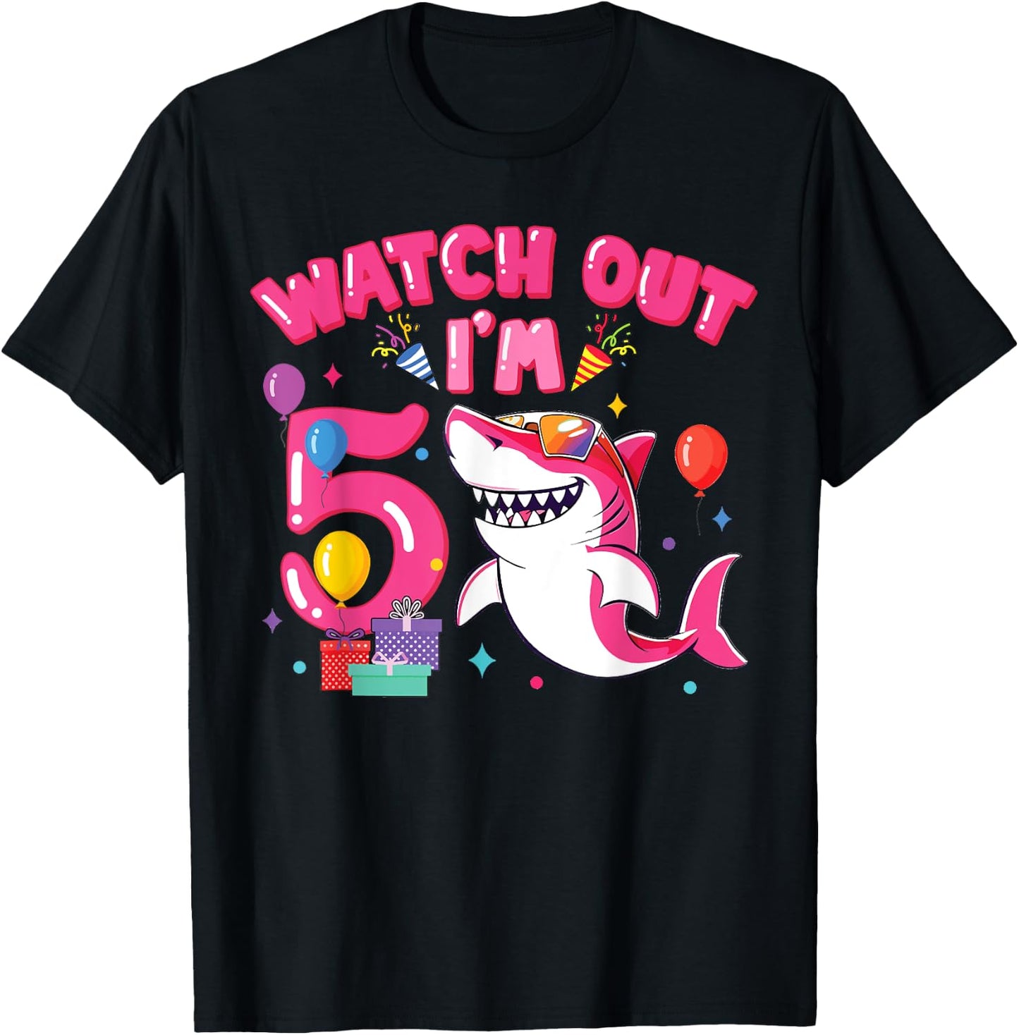 Watch Out I'm 5 Shark Sea Animal 5th Birthday Party Girls T-Shirt - T-Shirt | Black
