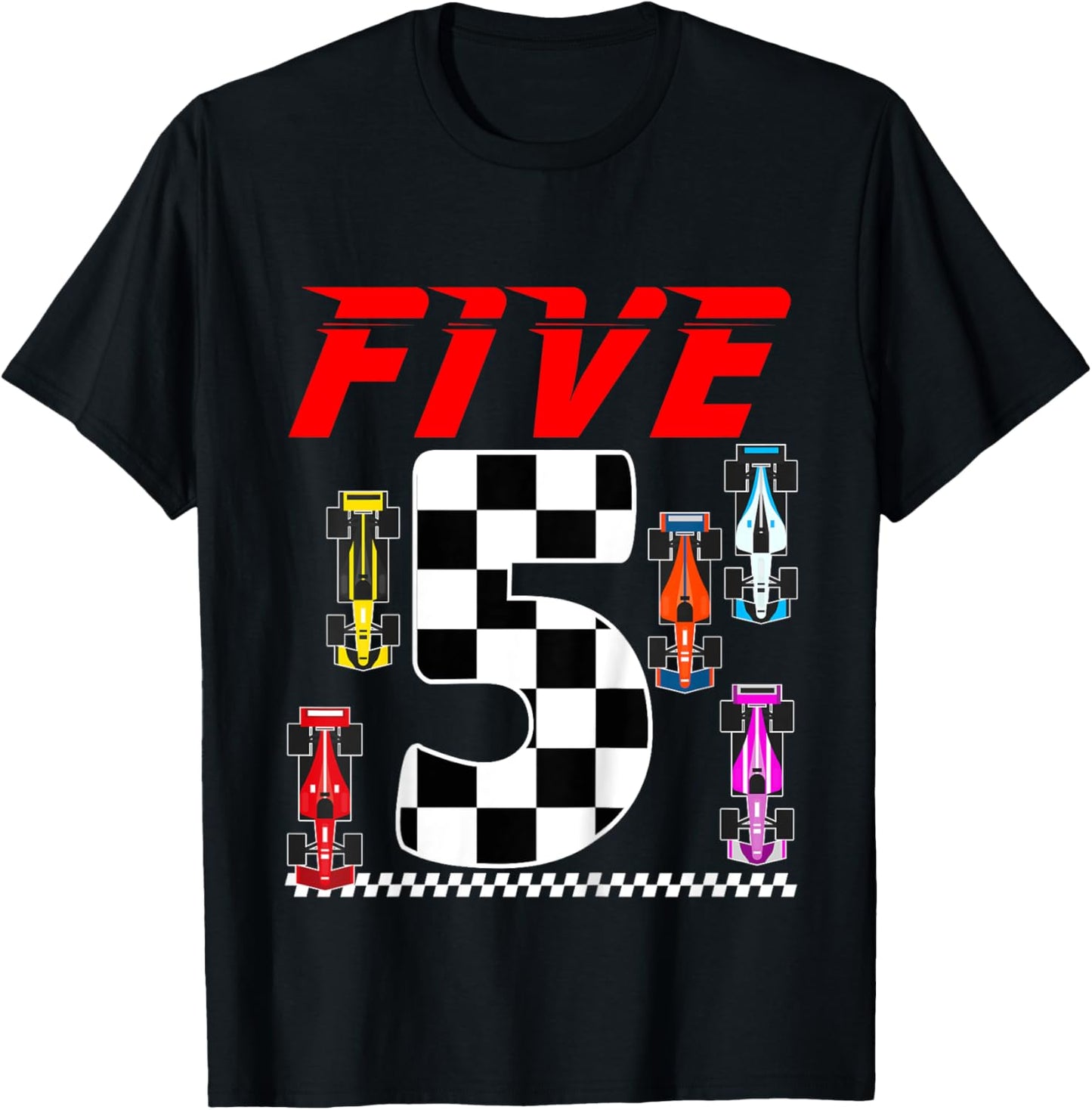 Kids Race Car Party 5 Five Year Old 5th Birthday Car Racing Theme T-Shirt - T-Shirt | Black