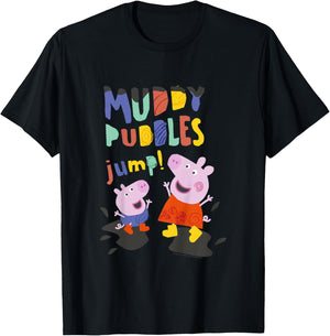 Peppa Pig Muddy Puddles Jump! Peppa & George Having Fun T-Shirt - T-Shirt | Black