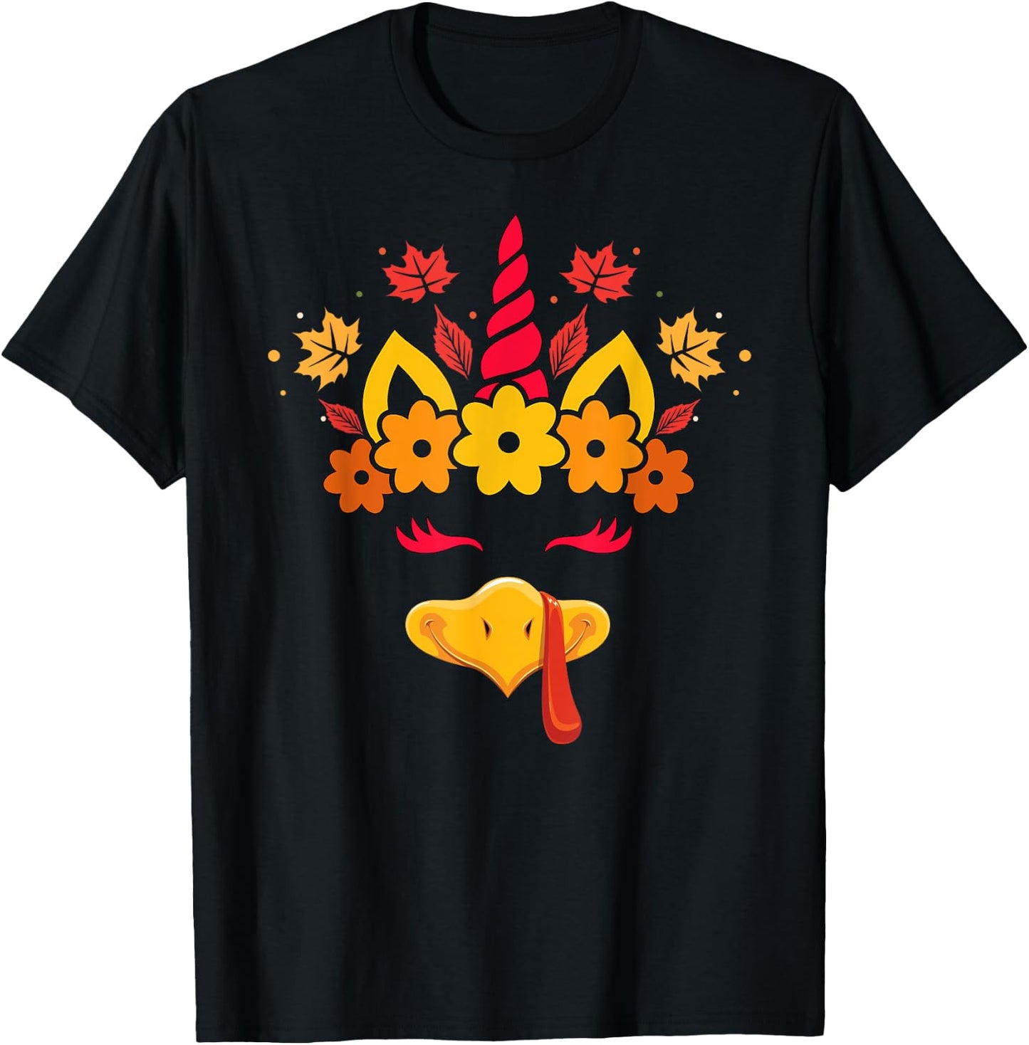 Funny Turkey Unicorn Face Girls Cute Thanksgiving Kids T-Shirt - T-Shirt | Black