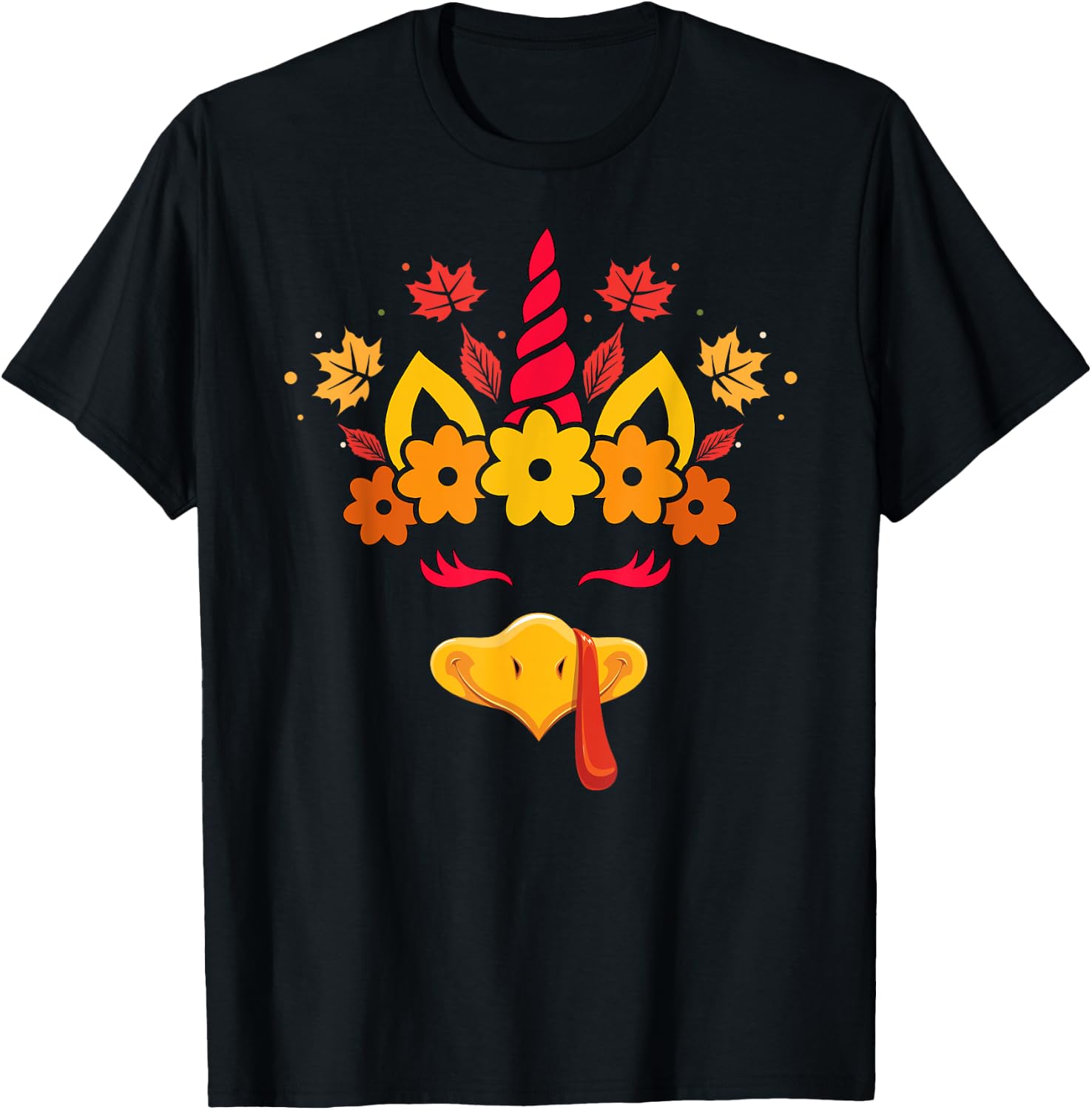 Funny Turkey Unicorn Face Girls Cute Thanksgiving Kids T-Shirt - T-Shirt | Black