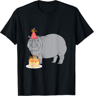 Happy Birthday Hippo Zoo Animal Lover Party Hat Cake Candles T-Shirt - T-Shirt | Black