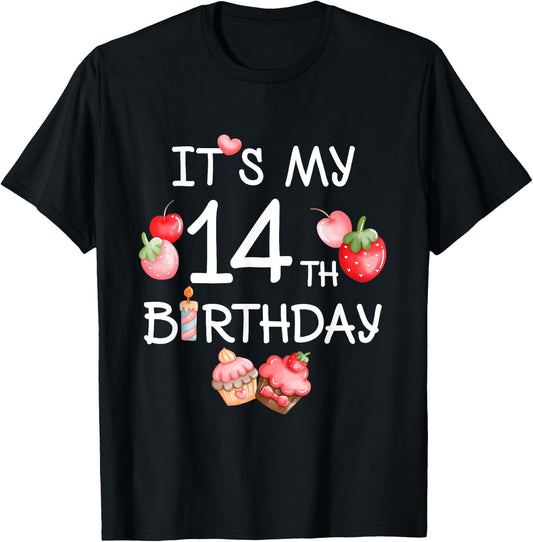 Its My 14th Birthday Cute Strawberry Cherry 14 Year Old Girl T-Shirt - T-Shirt | Black