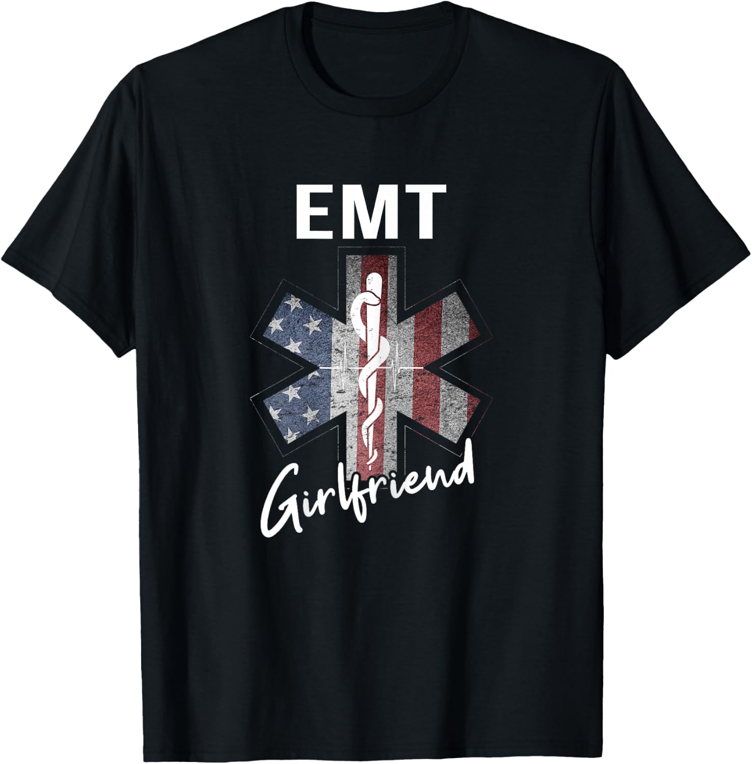 EMT Girlfriend Shirt American Flag USA EMT Girlfriend Gift T-Shirt - T-Shirt | Black
