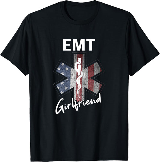 EMT Girlfriend Shirt American Flag USA EMT Girlfriend Gift T-Shirt - T-Shirt | Black