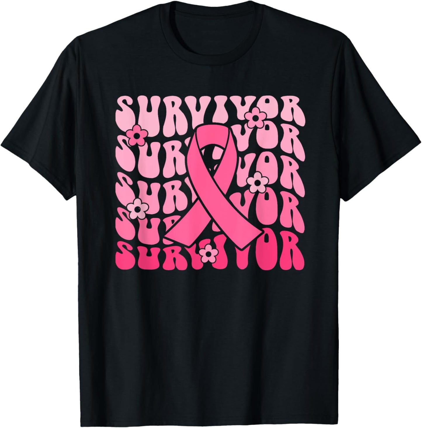 Groovy Pink Ribbon Breast Cancer Awareness Month Survivor T-Shirt - T-Shirt | Black