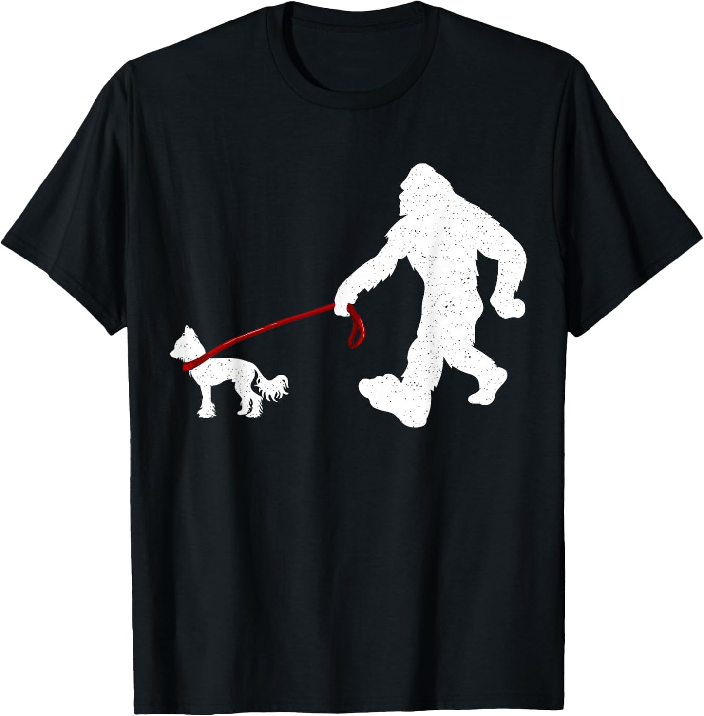 Funny Bigfoot Walking With Chinese Crested Dog Gifts T-Shirt - T-Shirt | Black