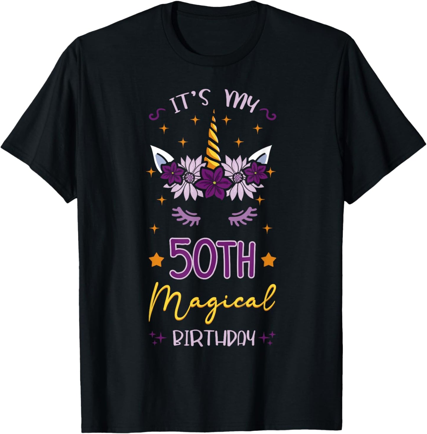It's My 50th Magical Birthday Unicorn Floral Horn Party T-Shirt - T-Shirt | Black