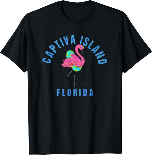 Captiva Island Beach Design / Flamingo Illustration T-Shirt - T-Shirt | Black
