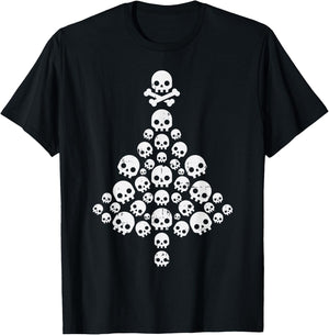 Skull Skeleton Christmas Tree Xmas Holiday Biker Rocker PJ T-Shirt - T-Shirt | Black