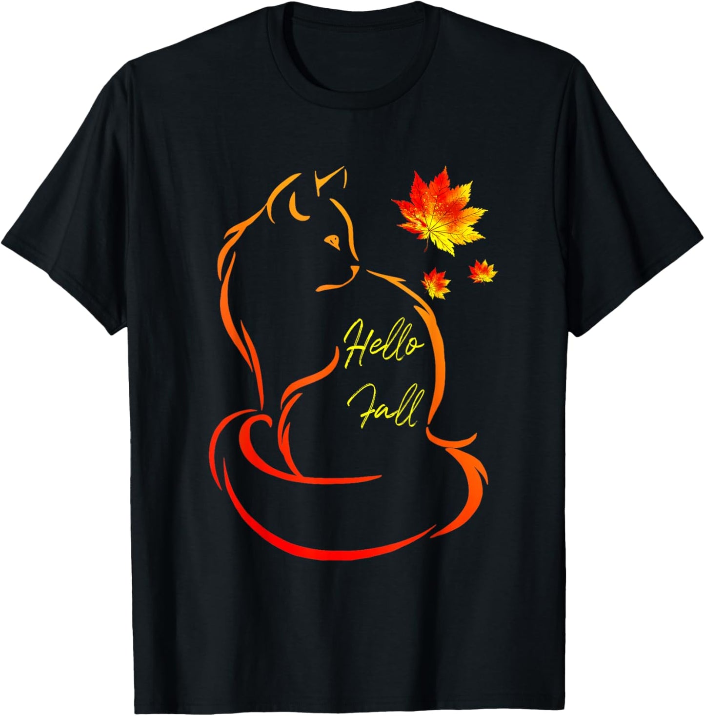 Hello Fall Cat Shirt Cat Autumn Leaves Kitten Lover Women Kids T-Shirt - T-Shirt | Black