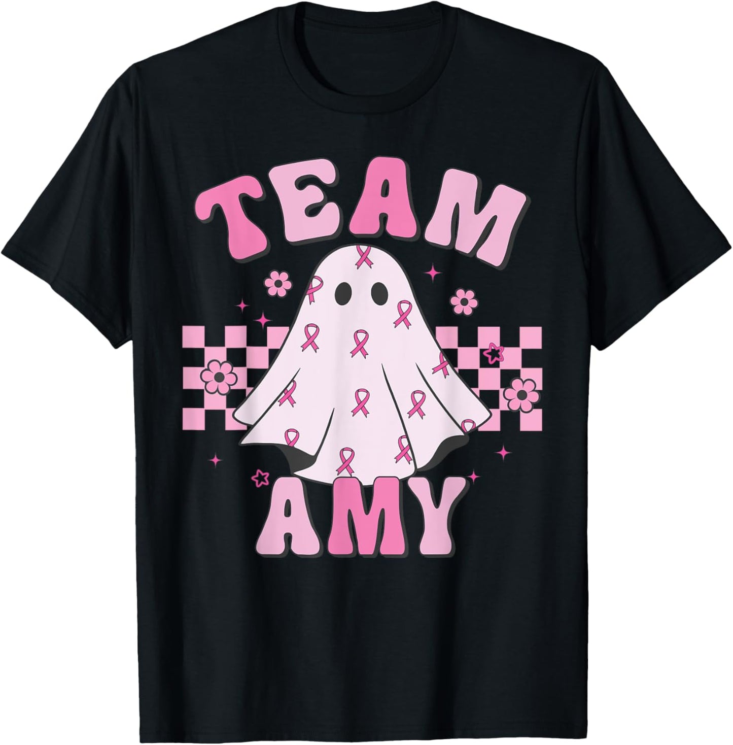Team Amy, Breast Cancer Awareness Halloween Groovy Ghost T-Shirt - T-Shirt | Black