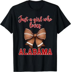 Alabama Coquette Football Bow Girl Loves Alabama T-Shirt - T-Shirt | Black