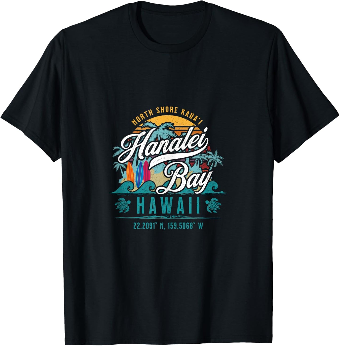 Hanalei Bay North Shore Kauai Hawaii Retro Sun Surf Fishing T-Shirt - T-Shirt | Black