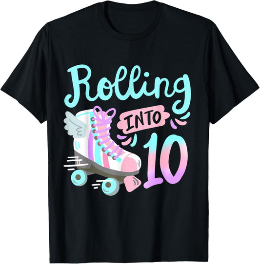 Rolling Into 10 Roller Skates Skater Girl 10th Birthday T-Shirt - T-Shirt | Black