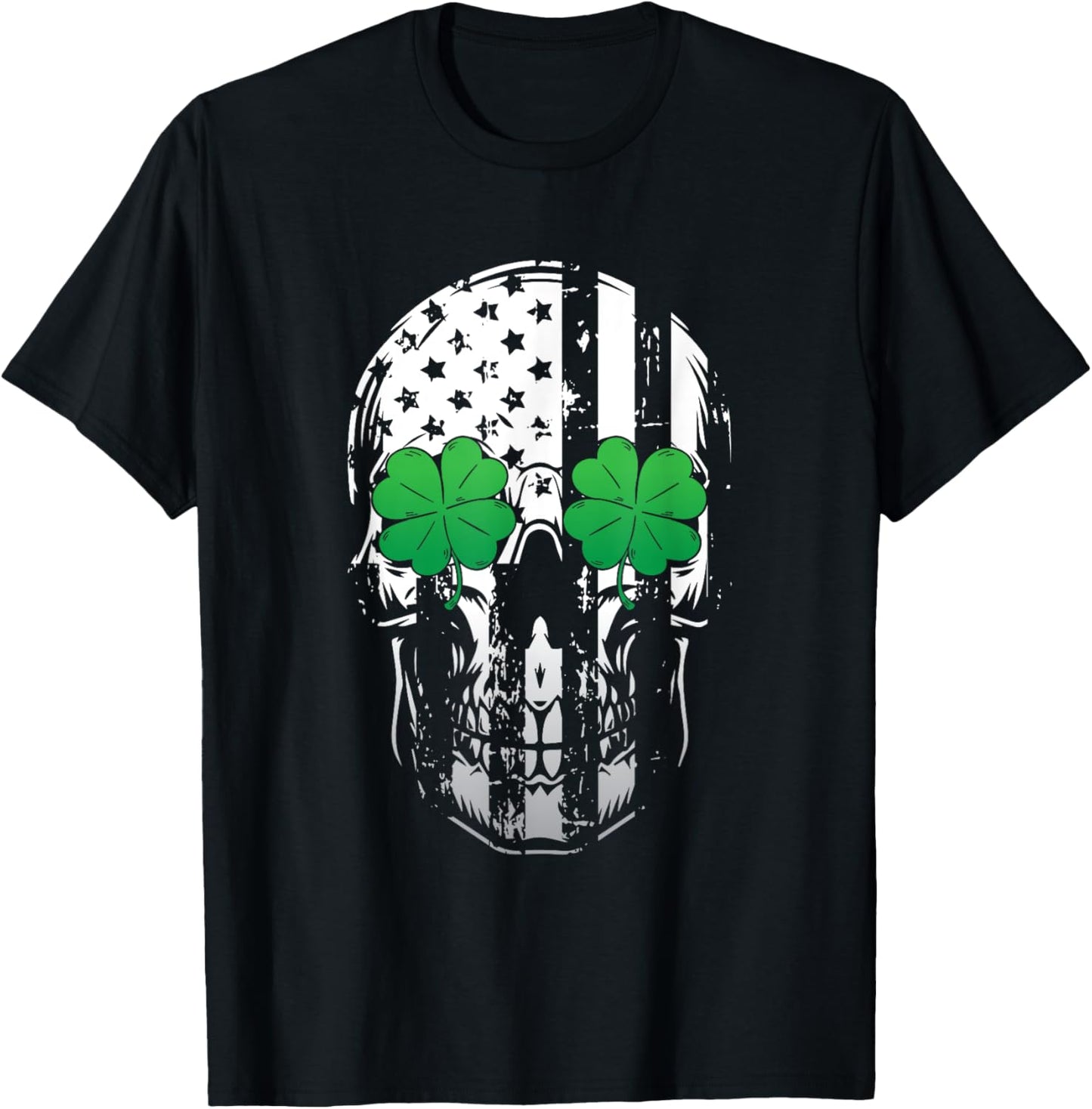 Skull American Flag Cool Shamrock St Patricks Day Irish Gift T-Shirt - T-Shirt | Black