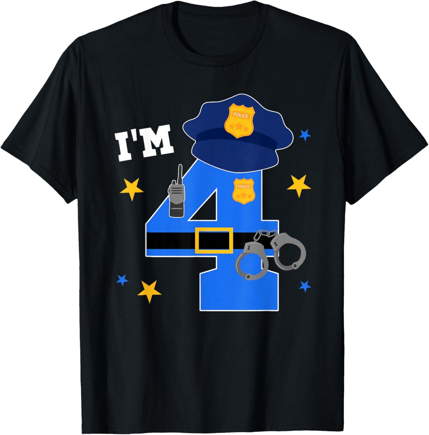4th Birthday Police Theme 4 Year Old Birthday Police Officer T-Shirt - T-Shirt | Black