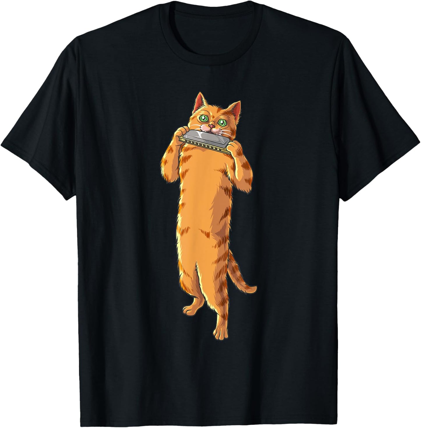 Funny Cat Playing Harmonica | Cool Love Animal Musician Gift Women Girls Kids T-Shirt - T-Shirt | Black