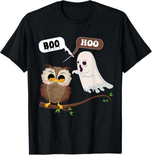 Funny Halloween Ghosts And Owl Saying Boo Hoo, Spooky Season T-Shirt - T-Shirt | Black