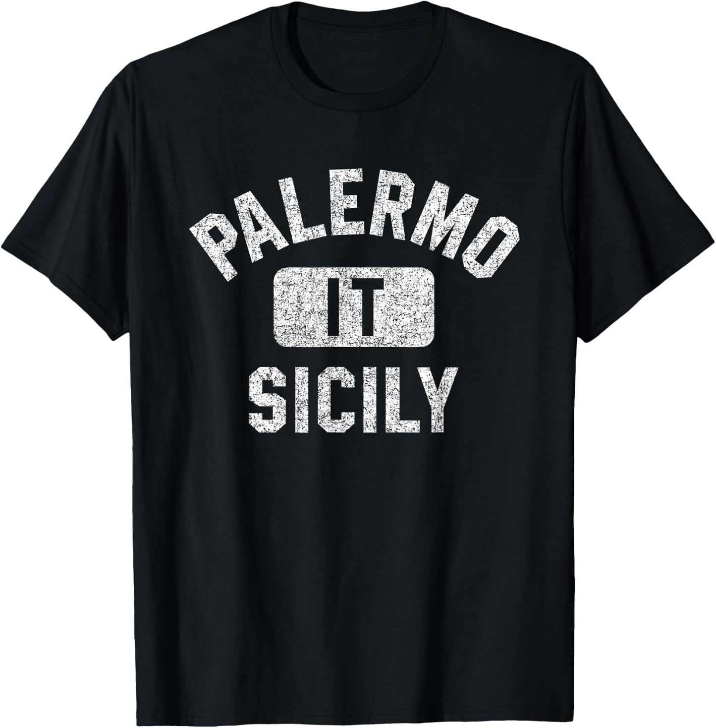 Palermo Sicily Gym Style Distressed White Print T-Shirt - T-Shirt | Black