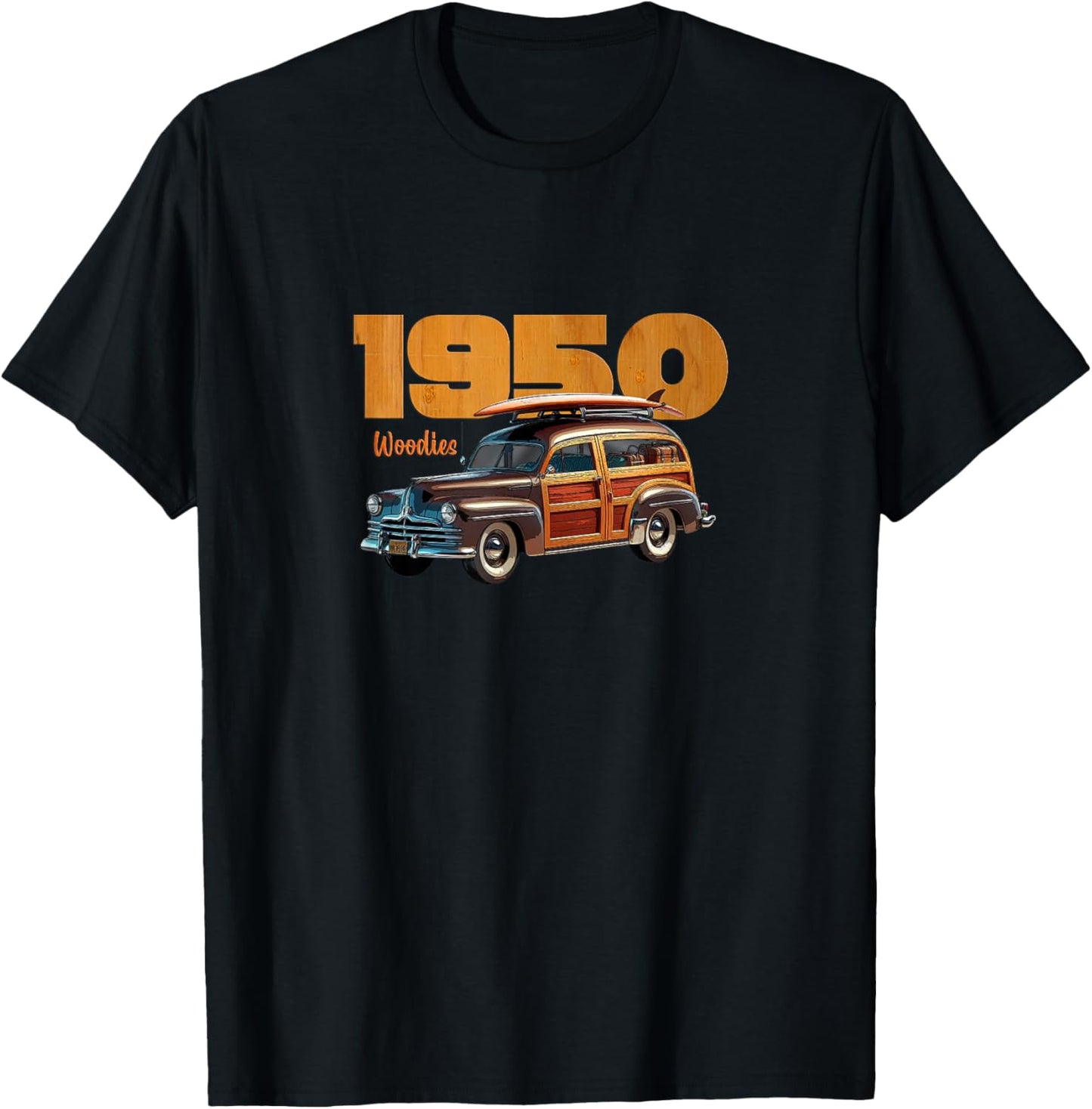 Vintage 1950 Woody Station Wagon, Surfing, Classic Car Art T-Shirt - T-Shirt | Black