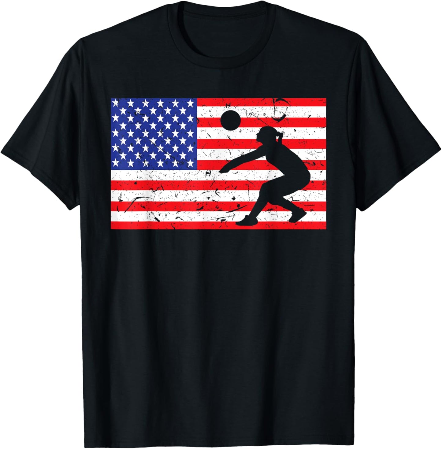 Distressed Volleyball USA American Flag Vintage Mine Player T-Shirt - T-Shirt | Black