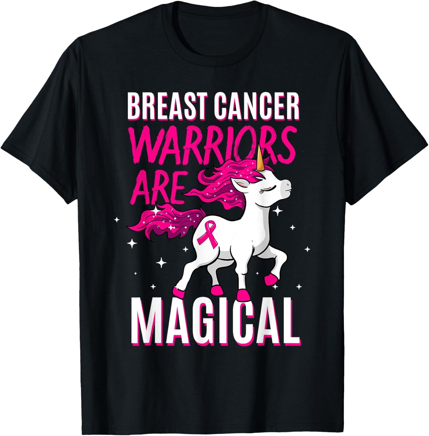 Breast Cancer Warrior Magical Unicorn Pink Ribbon Mammogram T-Shirt - T-Shirt | Black
