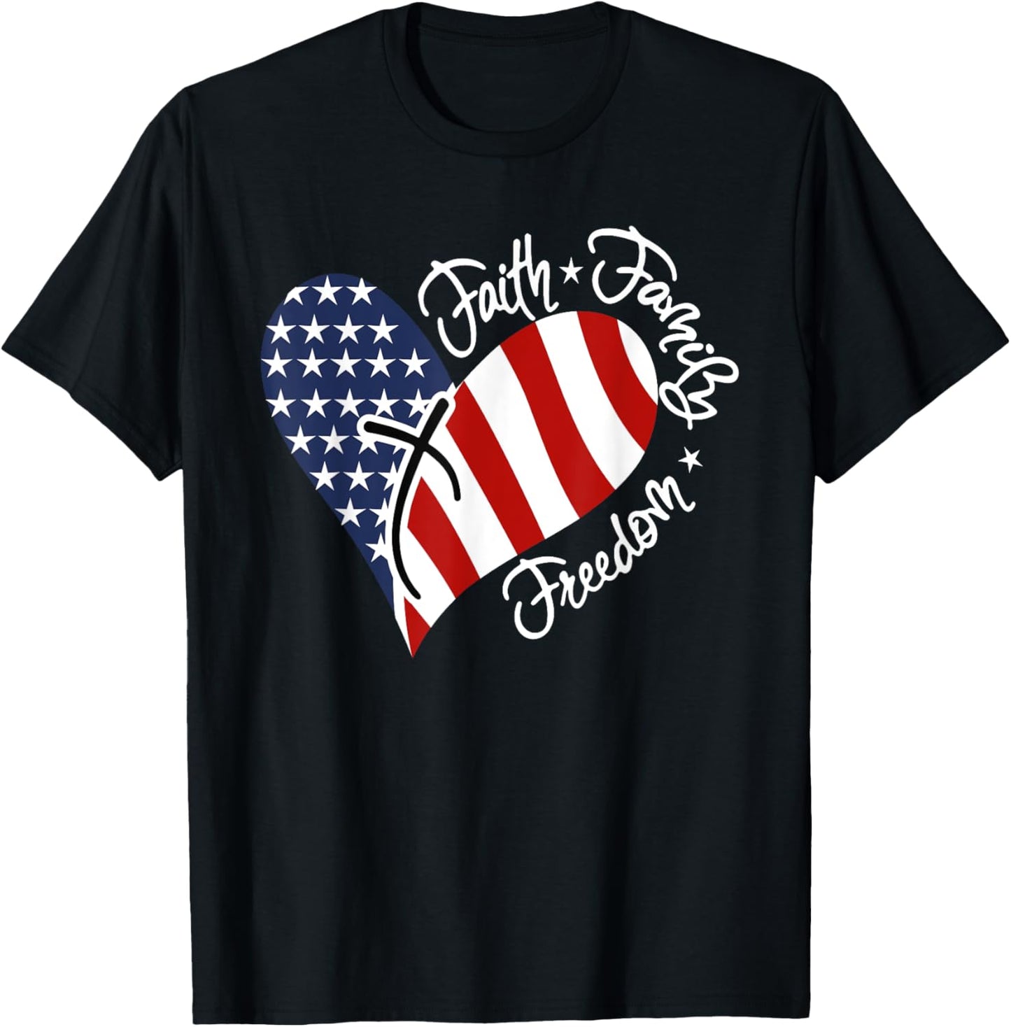 Patriotic Christian Faith Family Freedom Heart American Flag T-Shirt - T-Shirt | Black