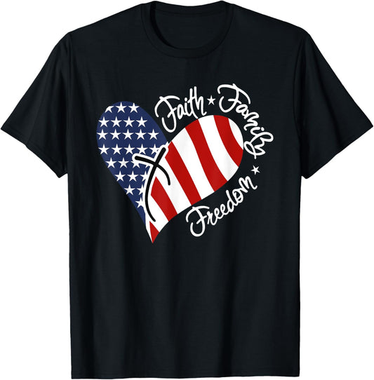 Patriotic Christian Faith Family Freedom Heart American Flag T-Shirt - T-Shirt | Black